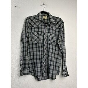 Montgomery Ward Vintage 70s Western Mens Size M Pearl Snap Poly Blend Shirt Blue